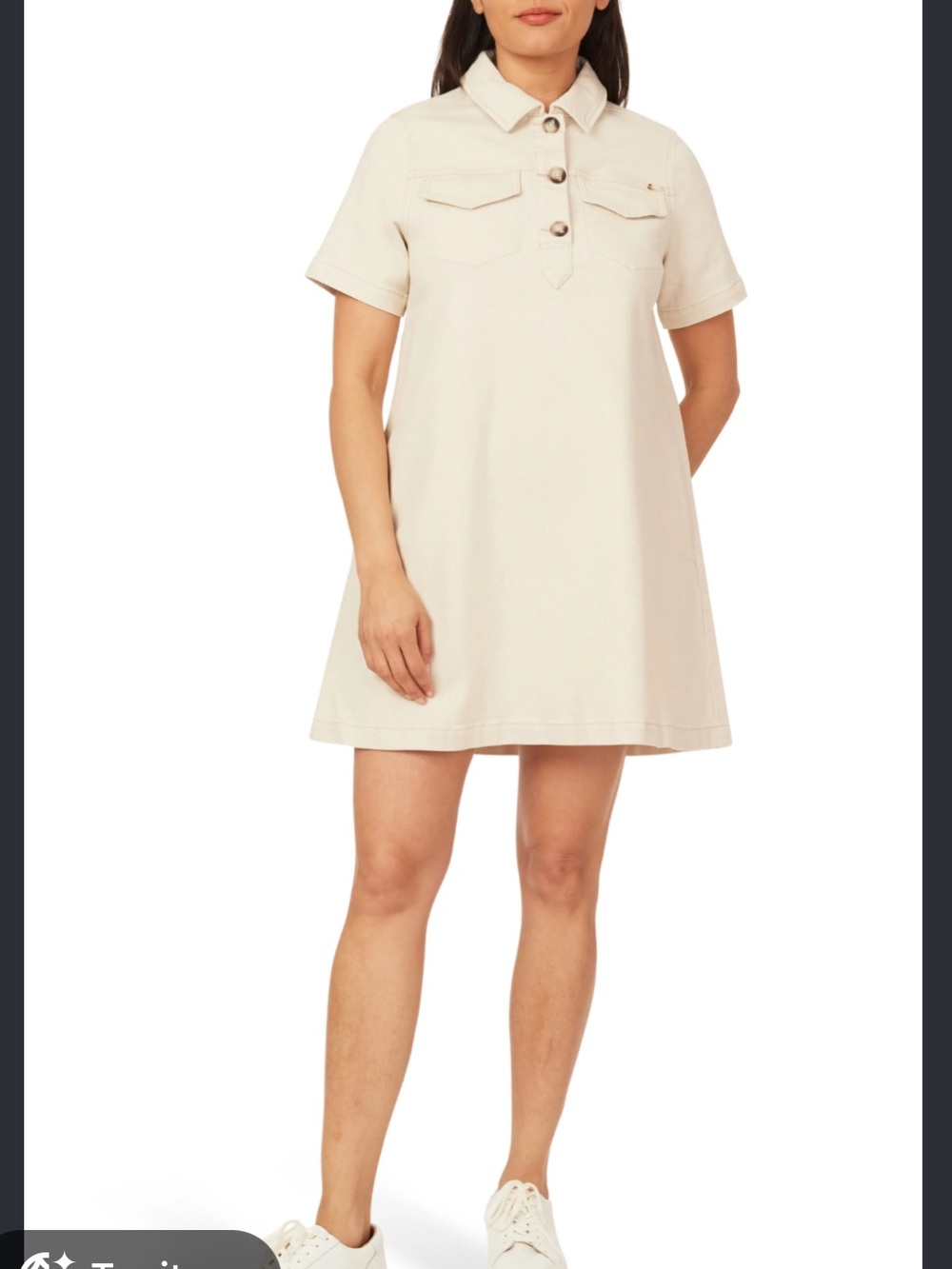 Women's Short Sleeve Denim Polo Shift Dress in Cream